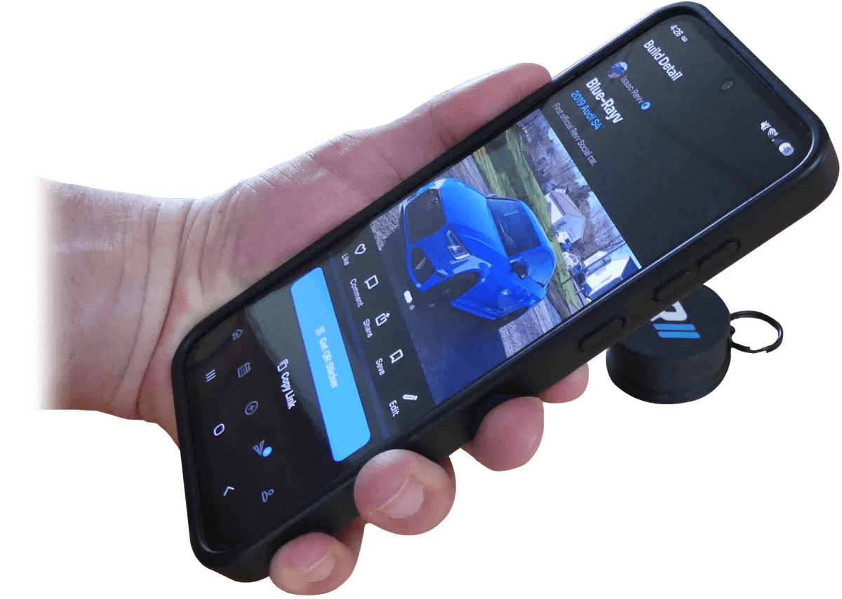 Tapping a phone on the Revv Buddy R// mark to open a Build profile